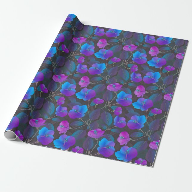 Elegant Blue Purple Pink Flowers Wrapping Paper (Unrolled)