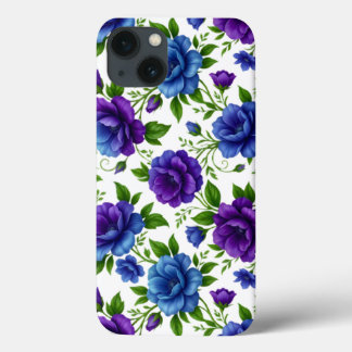 Elegant Blue & Purple Rose Floral Pattern iPhone 13 Case