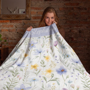 Elegant Blue Purple Watercolor Wildflower Fleece Blanket