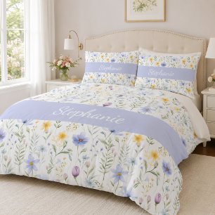 Elegant Blue Purple Watercolor Wildflower Pillowcase