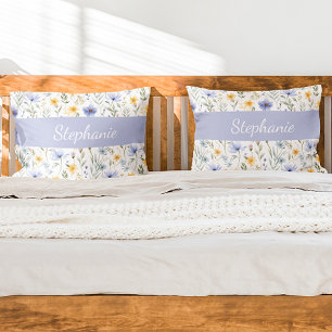 Elegant Blue Purple Watercolor Wildflower Pillowcase