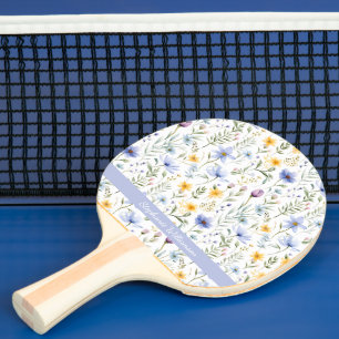 Elegant Blue Purple Wildflower Watercolor Name Ping Pong Paddle
