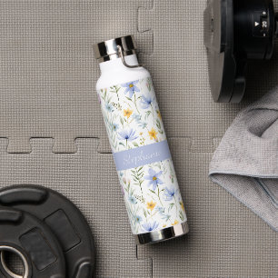 Elegant Blue Purple Wildflower Watercolor Name Water Bottle