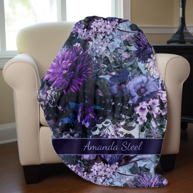 Elegant blue purples floral monogrammed fleece blanket (Creator Uploaded)