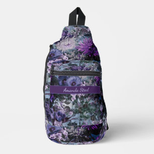 Elegant blue purples floral monogrammed printed sling bag
