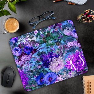 Elegant blue purples floral pattern monogram mouse pad