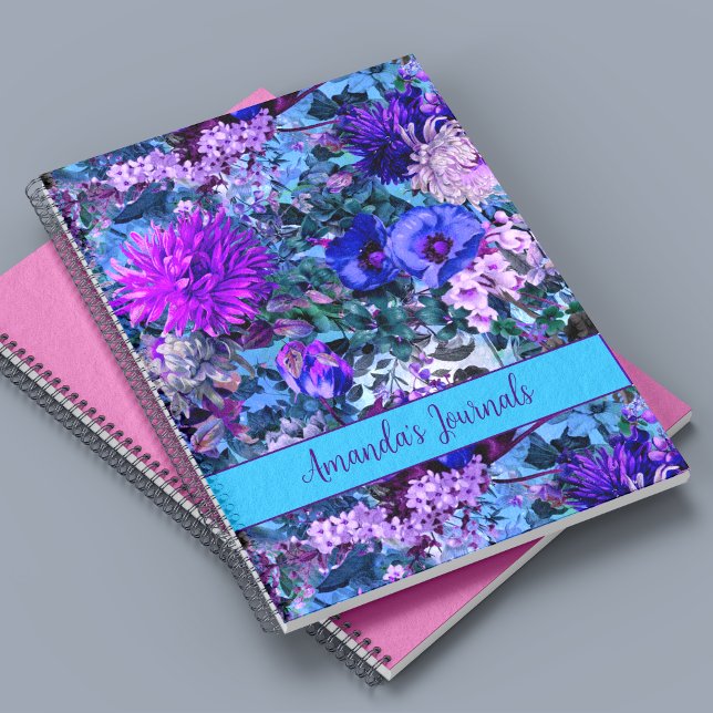 Elegant blue purples floral pattern monogram notebook (Creator Uploaded)