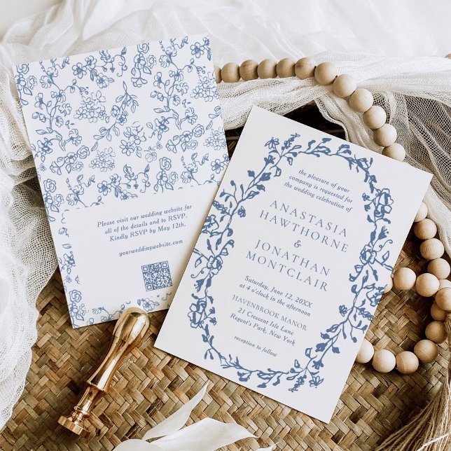 Elegant Blue QR Code RSVP Vintage Wedding Invitation (Creator Uploaded)