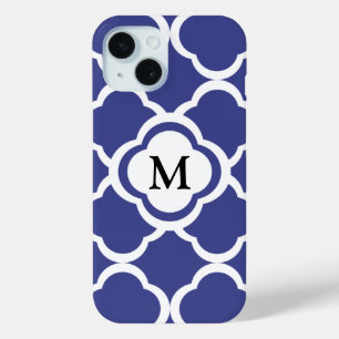 Elegant Blue Quatrefoil Pattern Monogram iPhone 15 Case