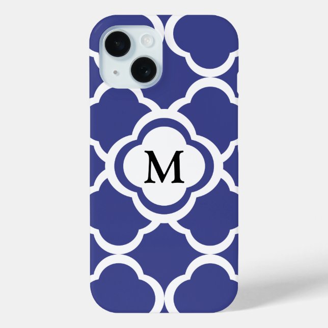 Elegant Blue Quatrefoil Pattern Monogram Case-Mate iPhone Case (Back)