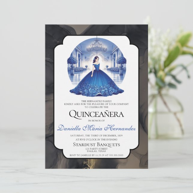 Elegant Blue Quinceañera Invitation (Standing Front)