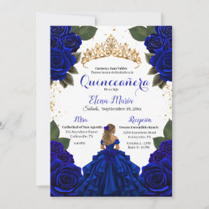 Elegant Blue Quinceañera Roses Gold Glitter Invitation