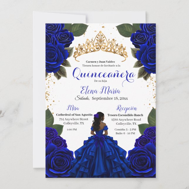 Elegant Blue Quinceañera Roses Gold Glitter Invitation (Front)