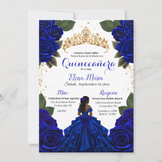 Elegant Blue Quinceañera Roses Gold Glitter Invitation