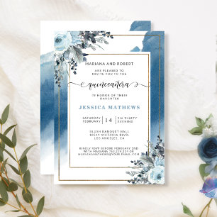 Elegant Blue Quinceañera Watercolor and Floral Invitation