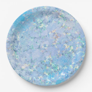Elegant blue rainbow holographic marble ice paper plate