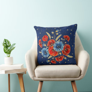 Elegant Blue, Red and Gold Remembrance Poppies Cushion
