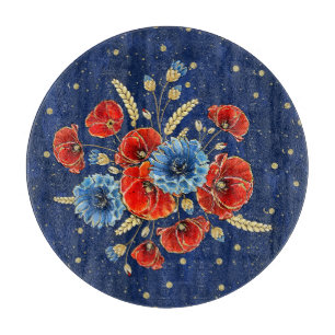 Elegant Blue, Red and Gold Remembrance Poppies Cutting Board