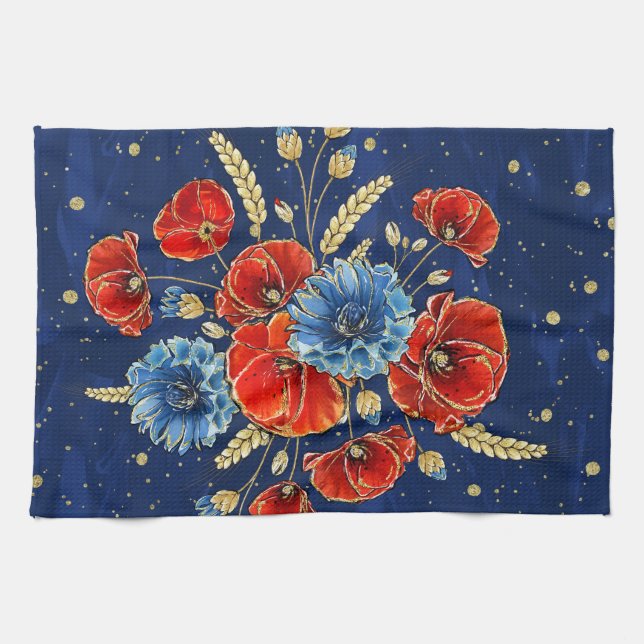 Elegant Blue, Red and Gold Remembrance Poppies Tea Towel (Horizontal)