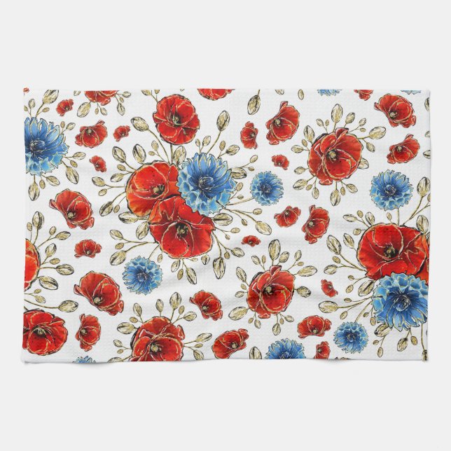 Elegant Blue, Red and Gold Remembrance Poppies Tea Towel (Horizontal)