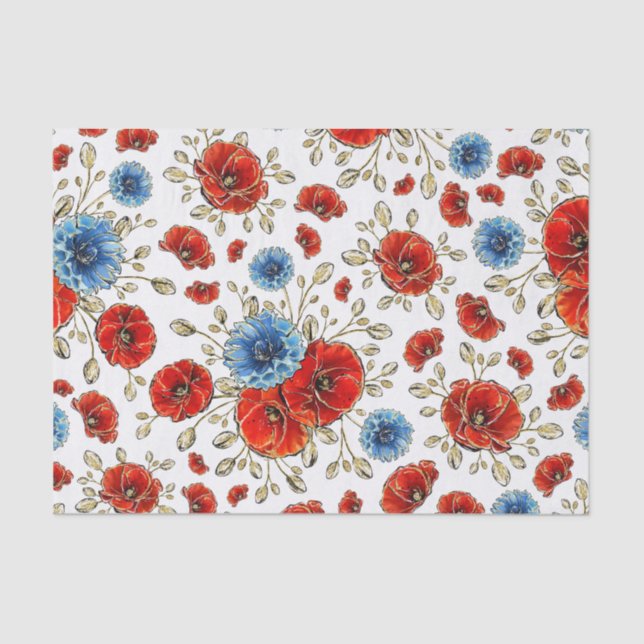 Elegant Blue, Red and Gold Remembrance Poppies Tissue Paper (Front)