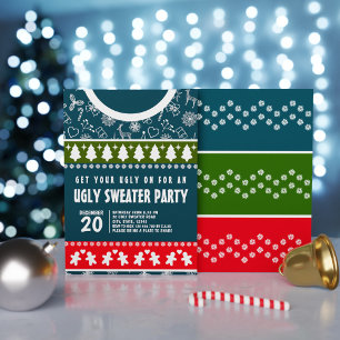 Elegant Blue Red and Green Ugly Sweater Xmas Party Invitation
