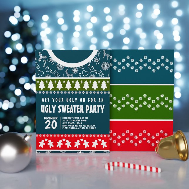Elegant Blue Red and Green Ugly Sweater Xmas Party Invitation (Elegant Blue Red and Green Ugly Sweater Xmas Party Invitation)
