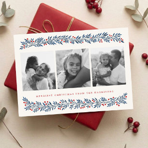 Elegant Blue Red Berry Botanical Christmas Photo Holiday Card