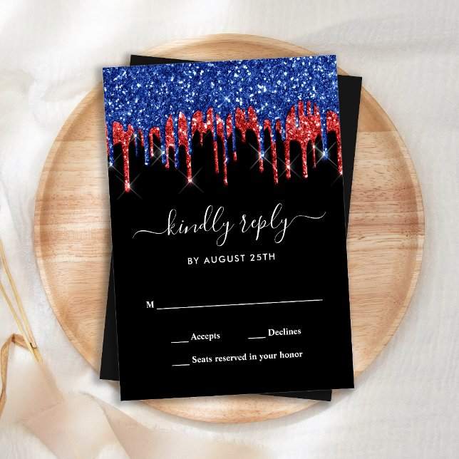 Elegant Blue Red Black Glitter Drips Wedding RSVP Card (Creator Uploaded)