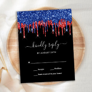 Elegant Blue Red Black Glitter Drips Wedding RSVP Invitation Postcard