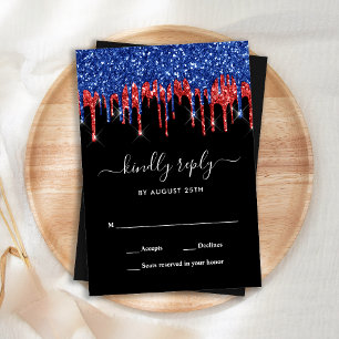 Elegant Blue Red Black Glitter Patriotic Wedding RSVP Card