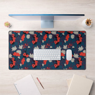 Elegant Blue & Red Floral Pattern Desk Mat