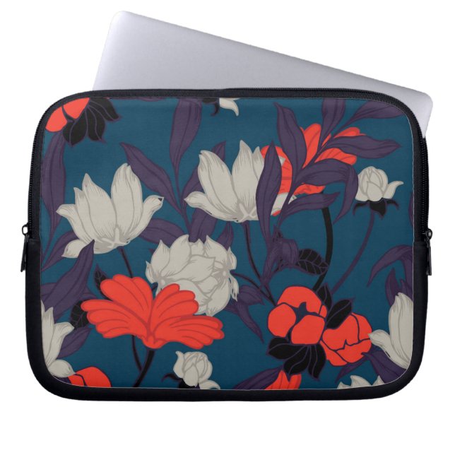 Elegant Blue & Red Floral Pattern Laptop Sleeve (Front)