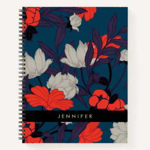 Elegant Blue & Red Floral Pattern Notebook