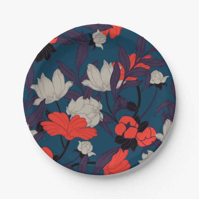 Elegant Blue & Red Floral Pattern Paper Plate (Front)
