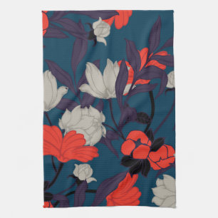 Elegant Blue & Red Floral Pattern Tea Towel