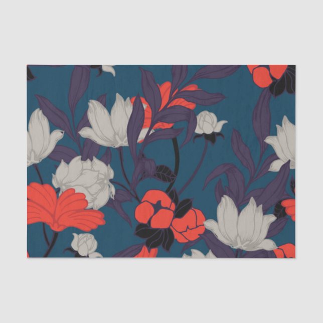 Elegant Blue & Red Floral Pattern Tissue Paper (Front)