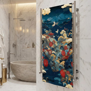 Elegant Blue Red Japanese Floral Crane Peony Bath Towel