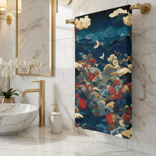 Elegant Blue Red Japanese Floral Crane Peony Hand Towel