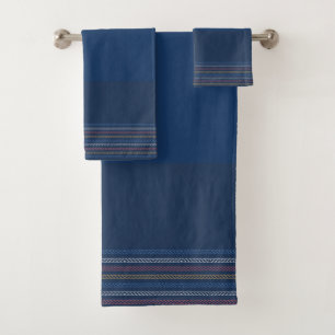 Elegant Blue Regatta Striped Border Bath Towel Set