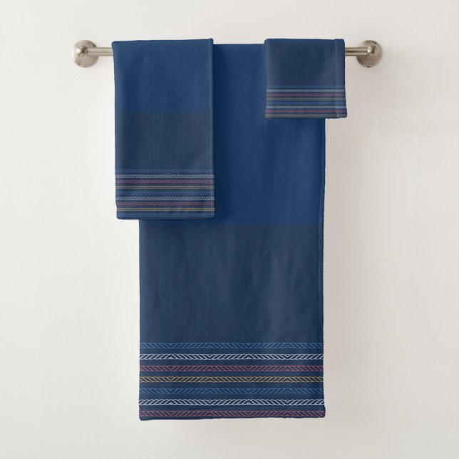Elegant Blue Regatta Striped Border Bath Towel Set (Insitu)