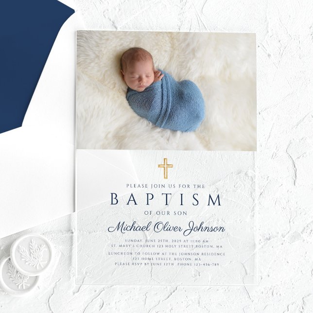 Elegant Blue Religious Cross Boy Baptism Photo Acrylic Invitations (Elegant Blue Religious Cross Boy Baptism Photo Acrylic Invitations)