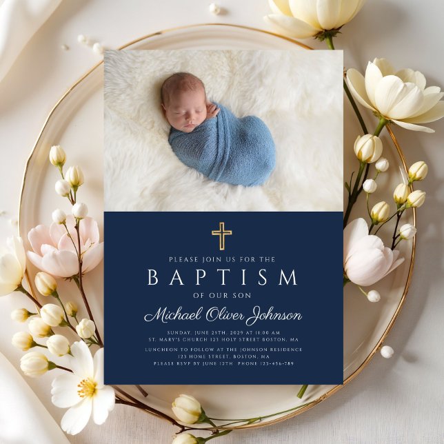 Elegant Blue Religious Cross Boy Baptism Photo Invitation (Elegant Blue Religious Cross Boy Baptism Photo Invitation)