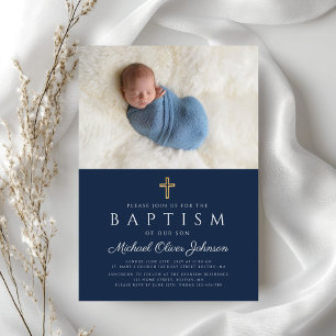 Elegant Blue Religious Cross Boy Baptism Photo Invitation