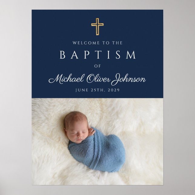 Elegant Blue Religious Cross Boy Baptism Welcome Poster (Front)