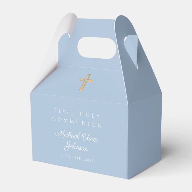 Elegant Blue Religious Cross Boy First Communion Favour Box (Front Side)
