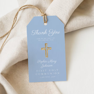 Elegant Blue Religious Cross Boy First Communion Gift Tags