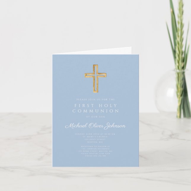 Elegant Blue Religious Cross Boy First Communion Invitation (Front)