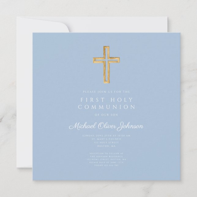 Elegant Blue Religious Cross Boy First Communion Invitation (Front)