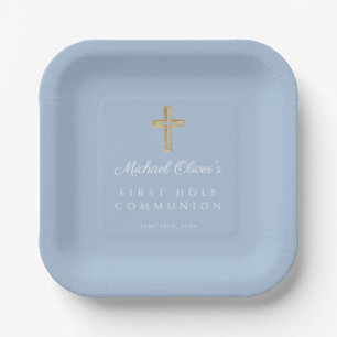 Elegant Blue Religious Cross Boy First Communion Paper Plate